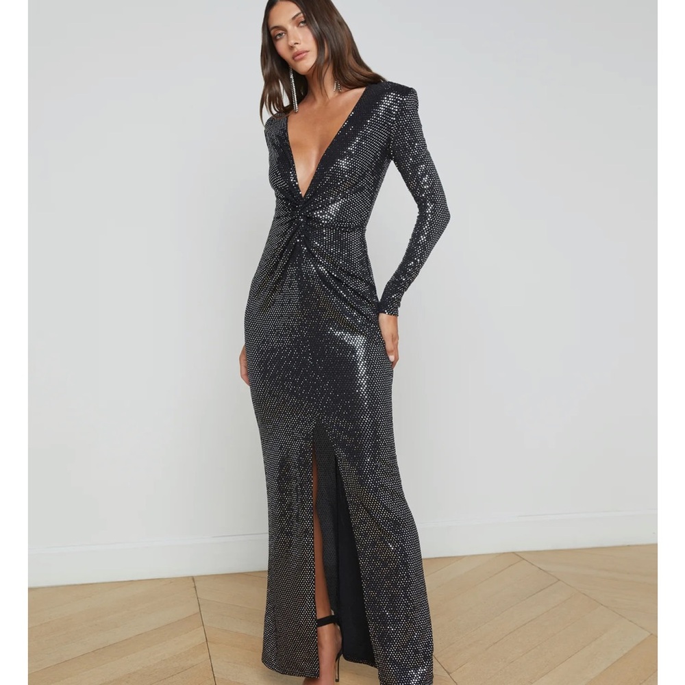L'AGENCE Black Sequin Long Sleeve Gown